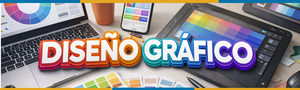 banner de diseño gráfico con un ordenador, móvil, tableta de dibujo y muchos colores.